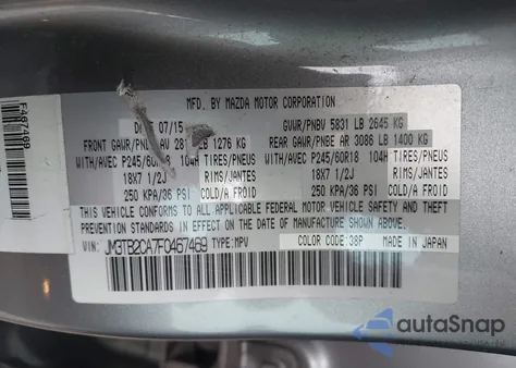 2015 Mazda Cx-9 Touring z USA, uszkodzony, nr VIN JM3TB2CA7F0467469